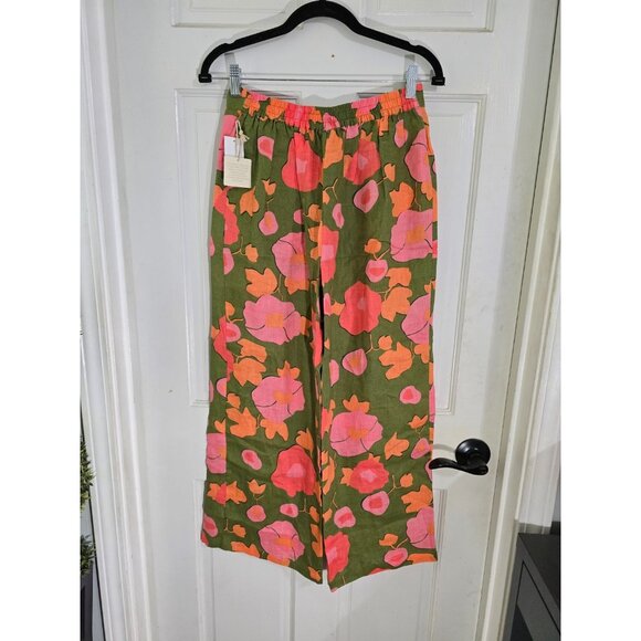 Magaschoni Womens Green Floral Linen Pants Cropped Wide Leg High Rise Size S NWT - Picture 5 of 10